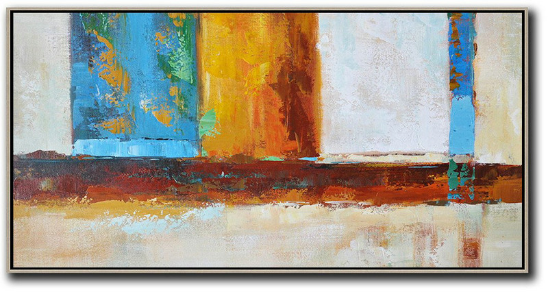 Large Abstract Painting On Canvas,Horizontal Palette Knife Contemporary Art,Hand-Painted Canvas Art,Gret,Blue,Yellow,Orange,Brown.etc